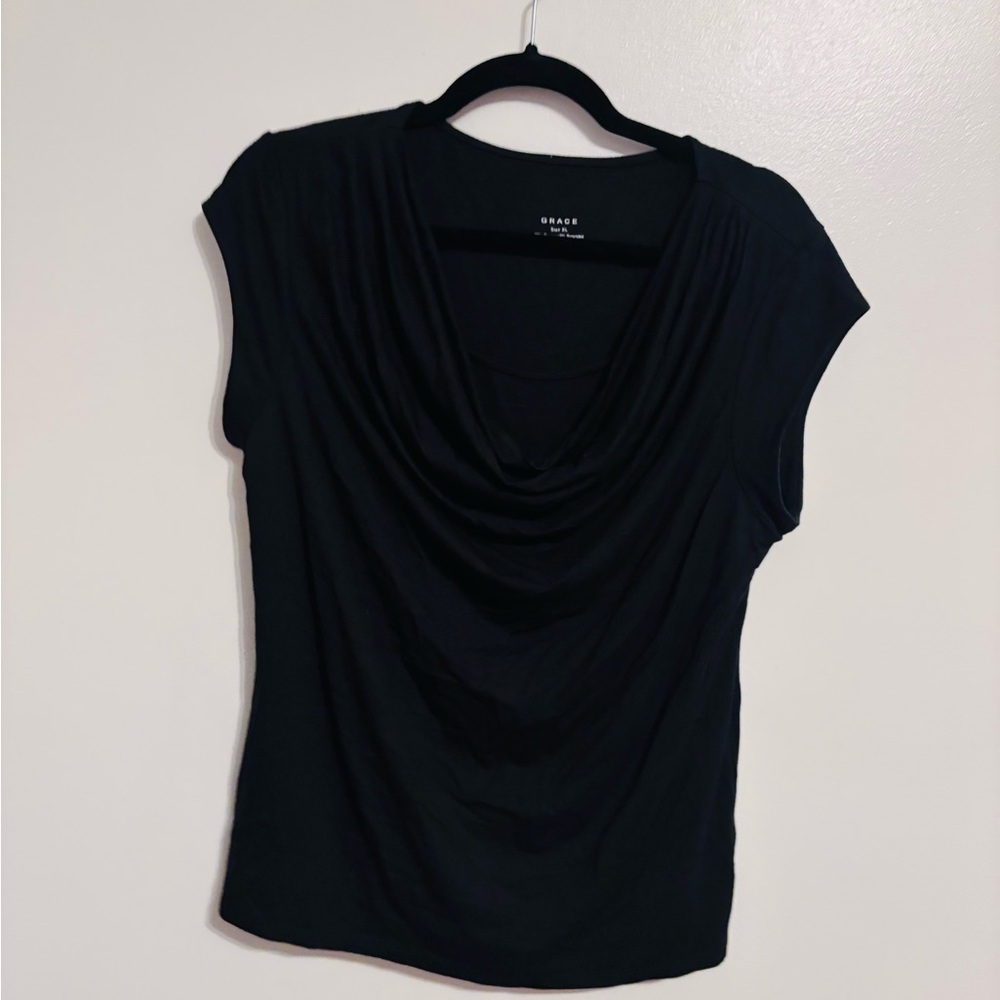 Grace black short sleeve top with draped front size XL